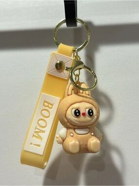 Cute Yellow/tan Labubu Monster 'BOOM!' Strap Keychain with Bunny Figure